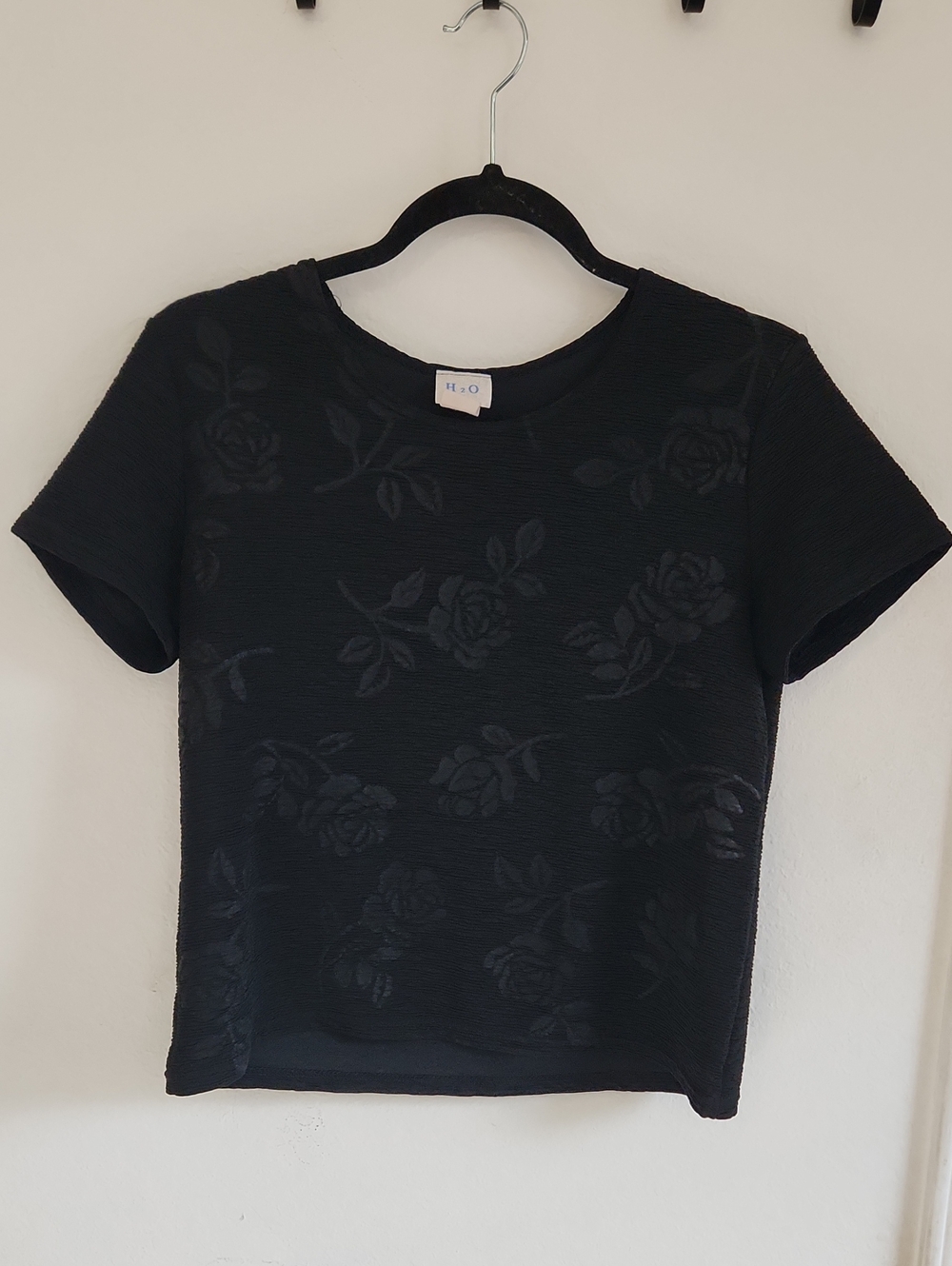 Vintage 90s H2O USA Black Floral Jacquard Crop Top Large Whimsigoth
